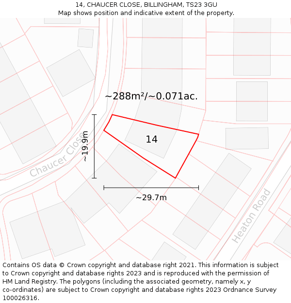 14, CHAUCER CLOSE, BILLINGHAM, TS23 3GU: Plot and title map