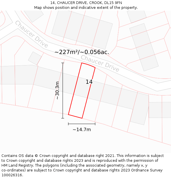 14, CHAUCER DRIVE, CROOK, DL15 9FN: Plot and title map