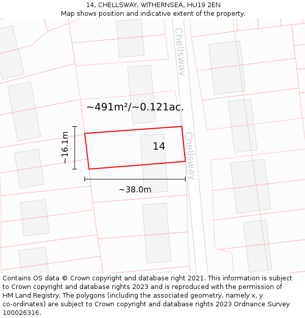 14, CHELLSWAY, WITHERNSEA, HU19 2EN: Plot and title map