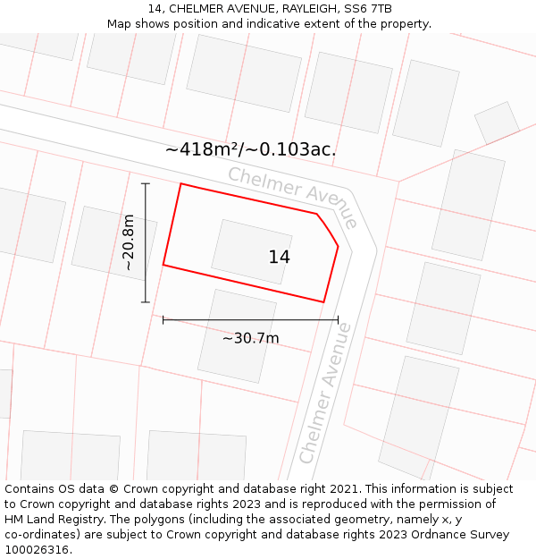 14, CHELMER AVENUE, RAYLEIGH, SS6 7TB: Plot and title map