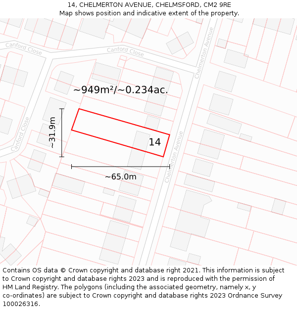 14, CHELMERTON AVENUE, CHELMSFORD, CM2 9RE: Plot and title map