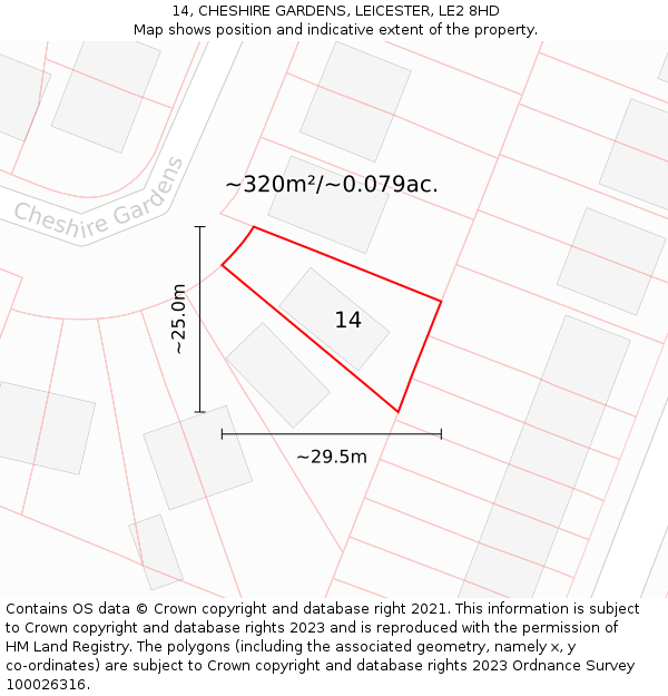 14, CHESHIRE GARDENS, LEICESTER, LE2 8HD: Plot and title map