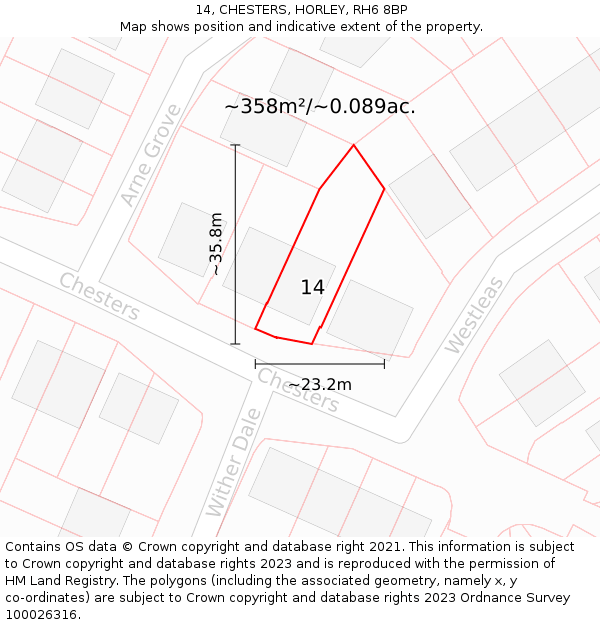 14, CHESTERS, HORLEY, RH6 8BP: Plot and title map