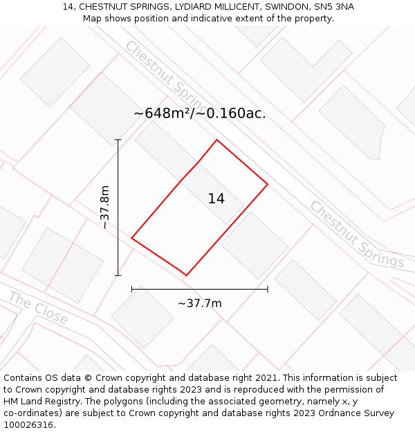 14, CHESTNUT SPRINGS, LYDIARD MILLICENT, SWINDON, SN5 3NA: Plot and title map