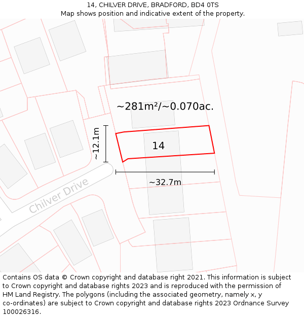 14, CHILVER DRIVE, BRADFORD, BD4 0TS: Plot and title map