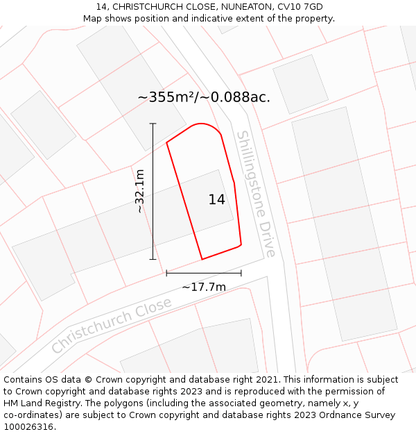 14, CHRISTCHURCH CLOSE, NUNEATON, CV10 7GD: Plot and title map