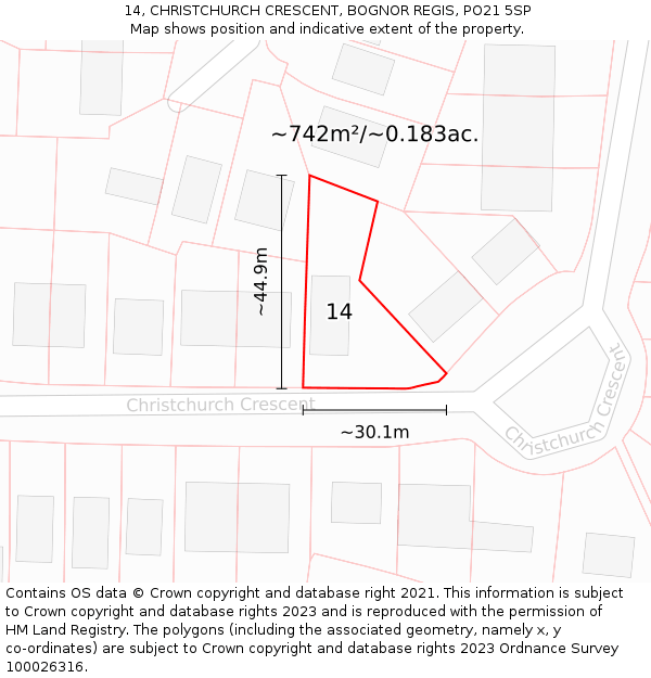 14, CHRISTCHURCH CRESCENT, BOGNOR REGIS, PO21 5SP: Plot and title map