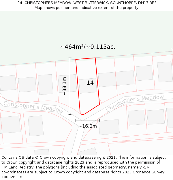 14, CHRISTOPHERS MEADOW, WEST BUTTERWICK, SCUNTHORPE, DN17 3BF: Plot and title map