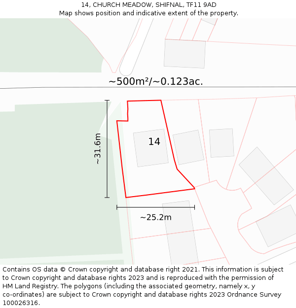 14, CHURCH MEADOW, SHIFNAL, TF11 9AD: Plot and title map