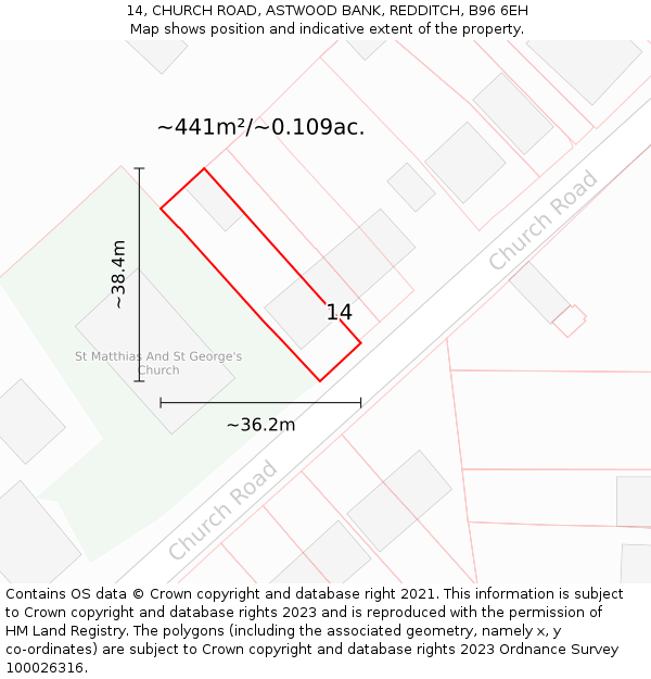 14, CHURCH ROAD, ASTWOOD BANK, REDDITCH, B96 6EH: Plot and title map