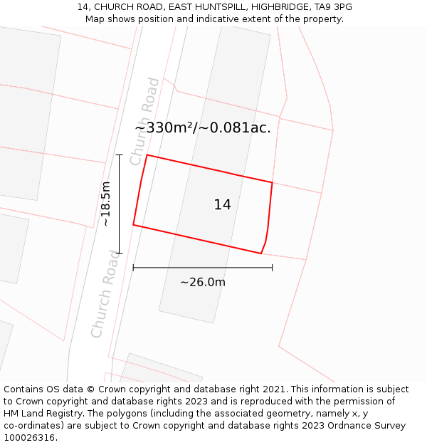14, CHURCH ROAD, EAST HUNTSPILL, HIGHBRIDGE, TA9 3PG: Plot and title map
