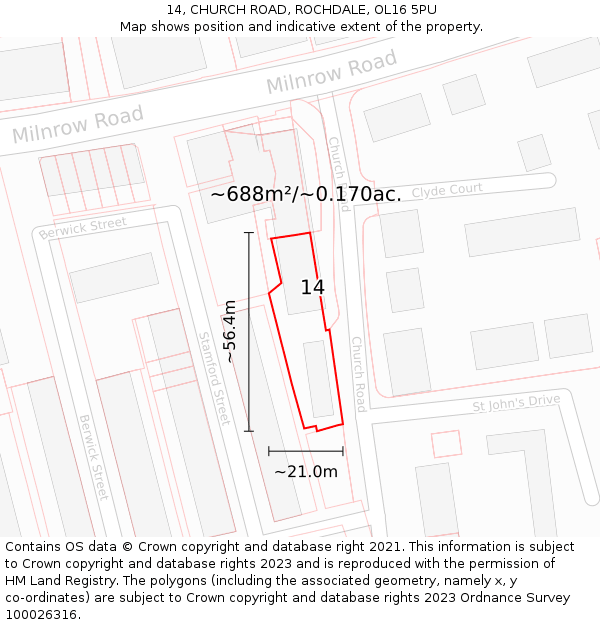 14, CHURCH ROAD, ROCHDALE, OL16 5PU: Plot and title map