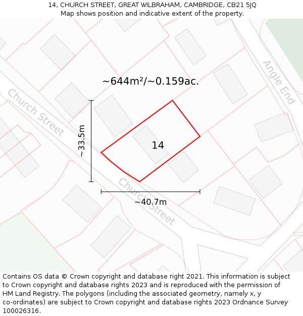 14, CHURCH STREET, GREAT WILBRAHAM, CAMBRIDGE, CB21 5JQ: Plot and title map