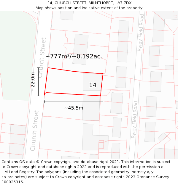 14, CHURCH STREET, MILNTHORPE, LA7 7DX: Plot and title map
