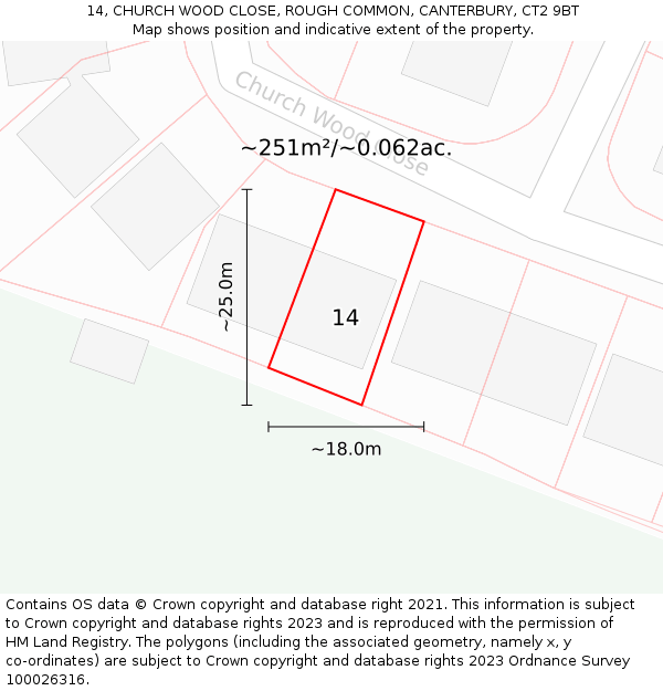 14, CHURCH WOOD CLOSE, ROUGH COMMON, CANTERBURY, CT2 9BT: Plot and title map