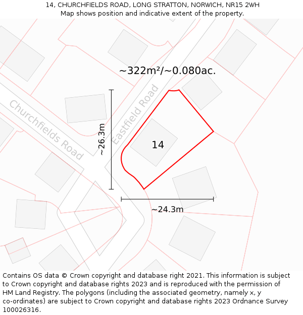 14, CHURCHFIELDS ROAD, LONG STRATTON, NORWICH, NR15 2WH: Plot and title map