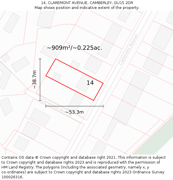 14, CLAREMONT AVENUE, CAMBERLEY, GU15 2DR: Plot and title map