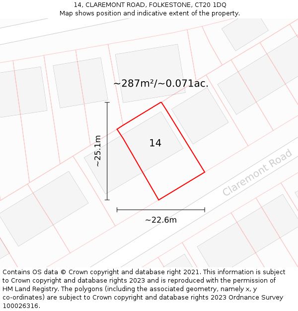 14, CLAREMONT ROAD, FOLKESTONE, CT20 1DQ: Plot and title map