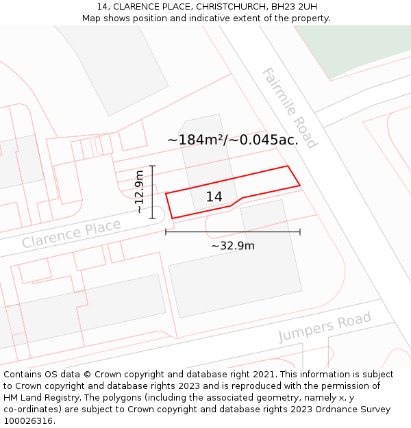 14, CLARENCE PLACE, CHRISTCHURCH, BH23 2UH: Plot and title map