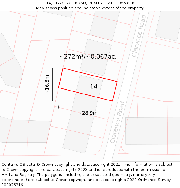 14, CLARENCE ROAD, BEXLEYHEATH, DA6 8ER: Plot and title map