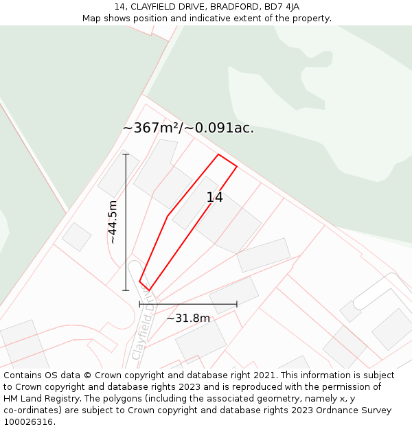 14, CLAYFIELD DRIVE, BRADFORD, BD7 4JA: Plot and title map