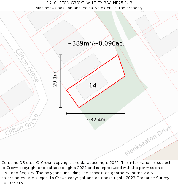 14, CLIFTON GROVE, WHITLEY BAY, NE25 9UB: Plot and title map