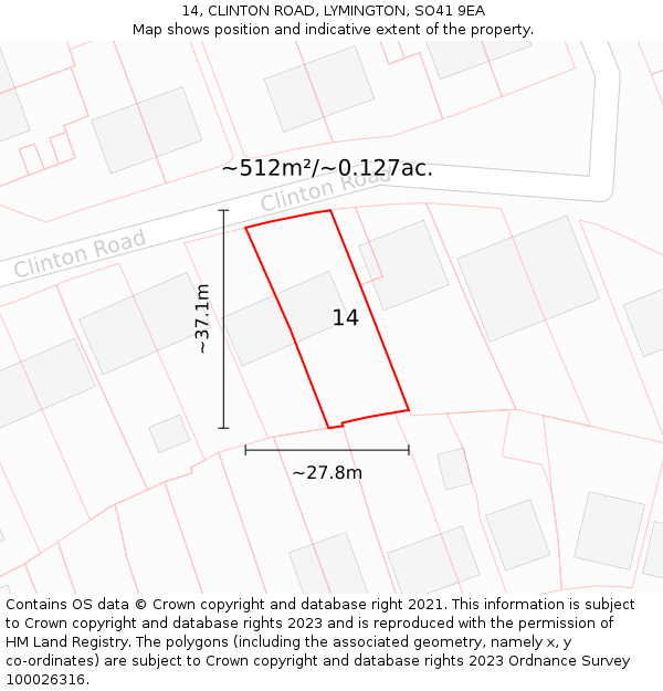 14, CLINTON ROAD, LYMINGTON, SO41 9EA: Plot and title map