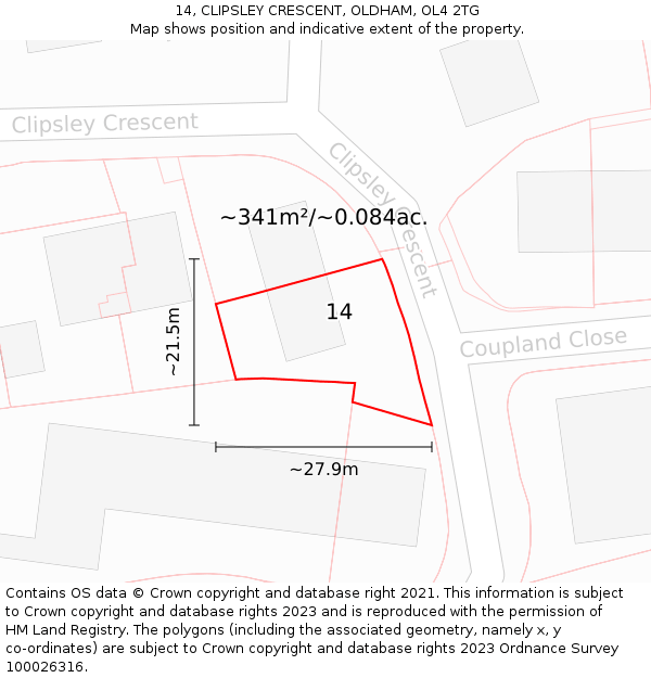 14, CLIPSLEY CRESCENT, OLDHAM, OL4 2TG: Plot and title map