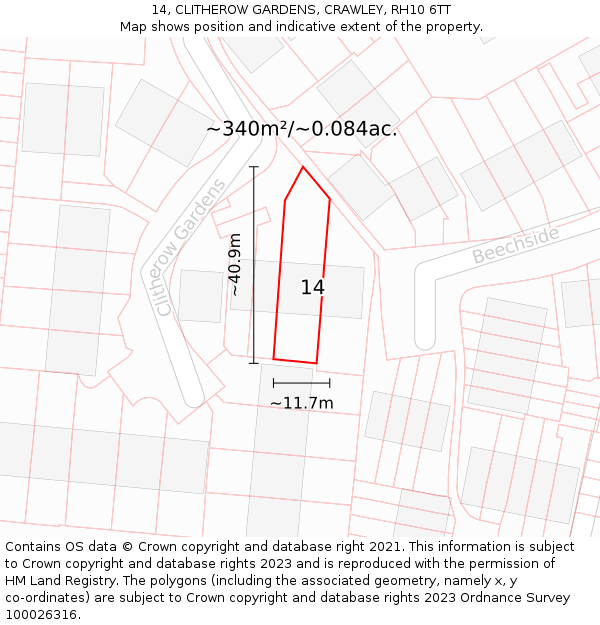 14, CLITHEROW GARDENS, CRAWLEY, RH10 6TT: Plot and title map