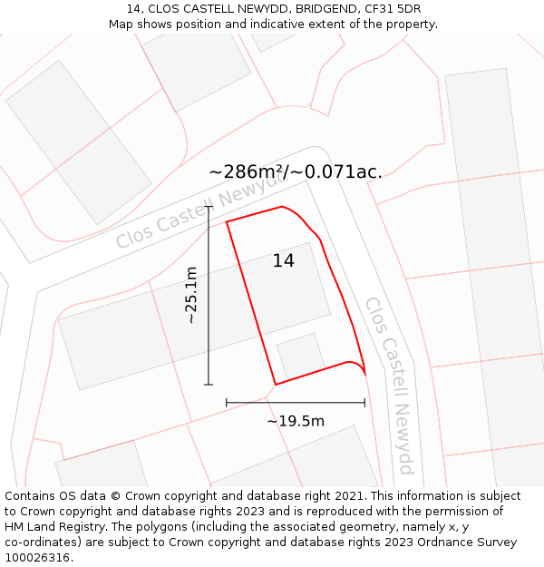 14, CLOS CASTELL NEWYDD, BRIDGEND, CF31 5DR: Plot and title map