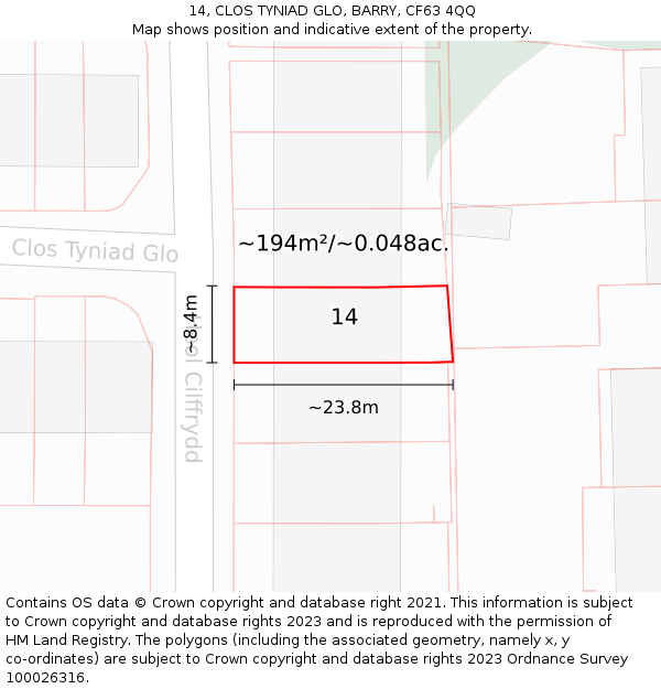 14, CLOS TYNIAD GLO, BARRY, CF63 4QQ: Plot and title map