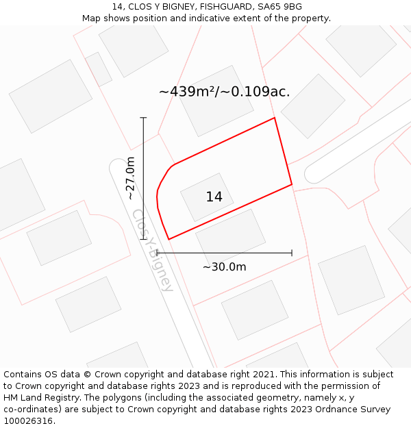 14, CLOS Y BIGNEY, FISHGUARD, SA65 9BG: Plot and title map