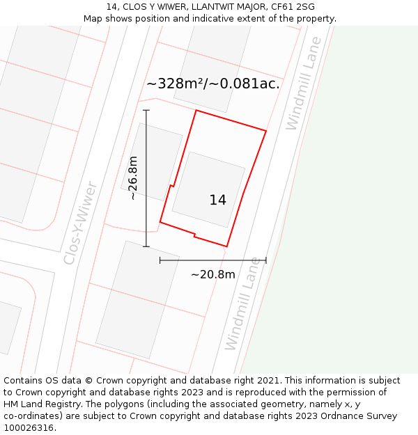 14, CLOS Y WIWER, LLANTWIT MAJOR, CF61 2SG: Plot and title map