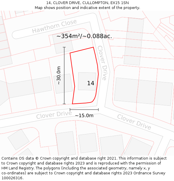 14, CLOVER DRIVE, CULLOMPTON, EX15 1SN: Plot and title map