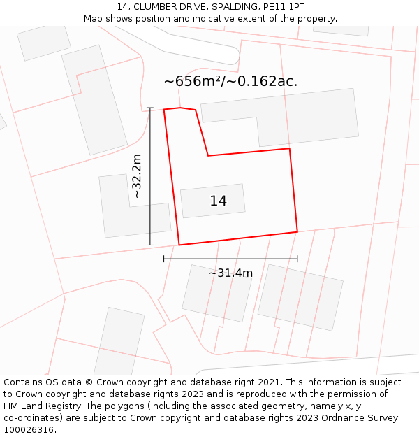 14, CLUMBER DRIVE, SPALDING, PE11 1PT: Plot and title map