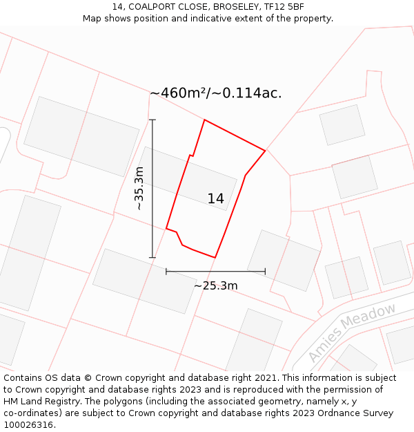 14, COALPORT CLOSE, BROSELEY, TF12 5BF: Plot and title map