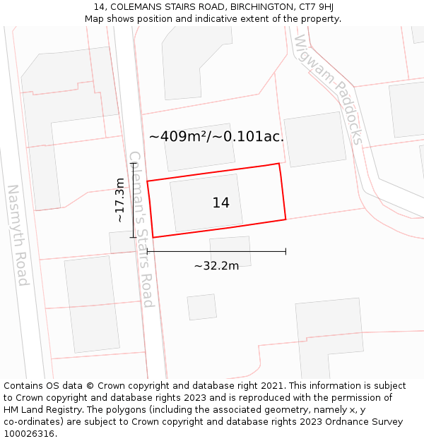 14, COLEMANS STAIRS ROAD, BIRCHINGTON, CT7 9HJ: Plot and title map