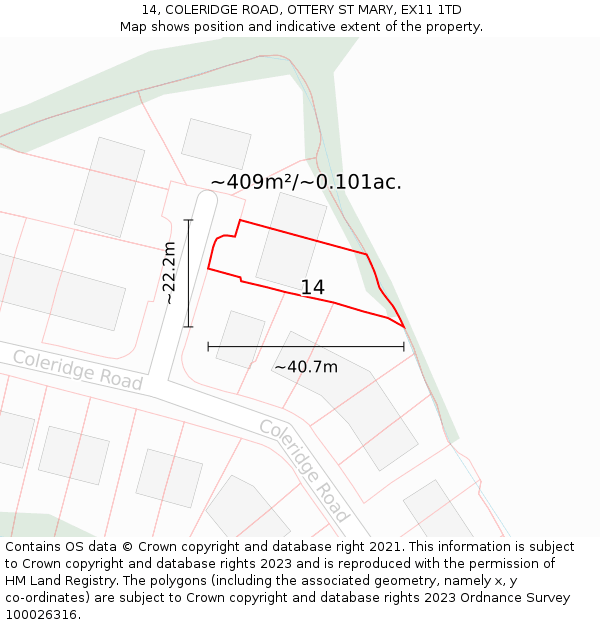 14, COLERIDGE ROAD, OTTERY ST MARY, EX11 1TD: Plot and title map