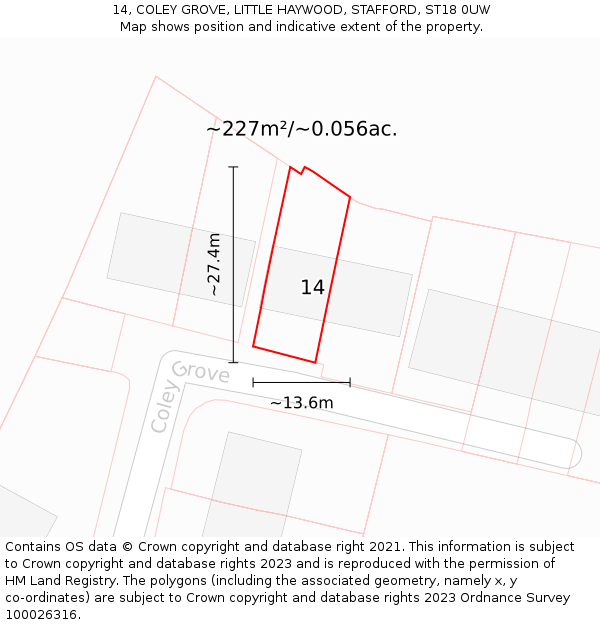 14, COLEY GROVE, LITTLE HAYWOOD, STAFFORD, ST18 0UW: Plot and title map