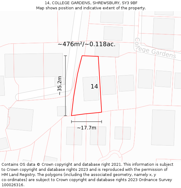 14, COLLEGE GARDENS, SHREWSBURY, SY3 9BF: Plot and title map