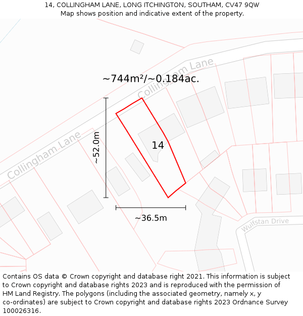 14, COLLINGHAM LANE, LONG ITCHINGTON, SOUTHAM, CV47 9QW: Plot and title map