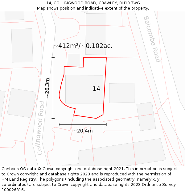 14, COLLINGWOOD ROAD, CRAWLEY, RH10 7WG: Plot and title map