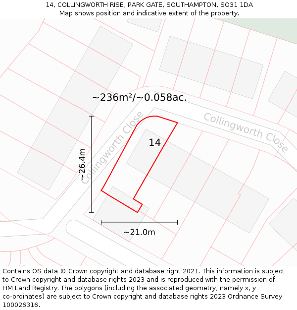 14, COLLINGWORTH RISE, PARK GATE, SOUTHAMPTON, SO31 1DA: Plot and title map