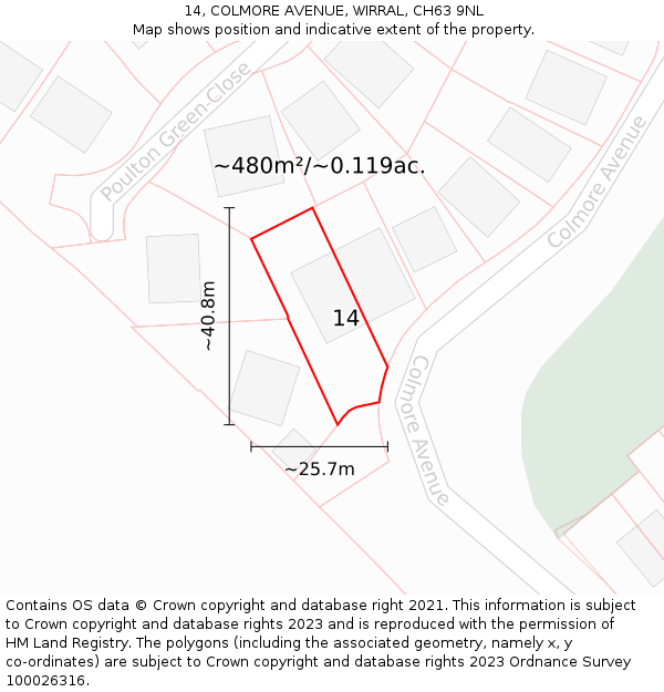 14, COLMORE AVENUE, WIRRAL, CH63 9NL: Plot and title map