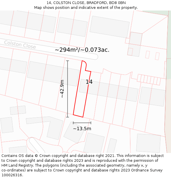 14, COLSTON CLOSE, BRADFORD, BD8 0BN: Plot and title map