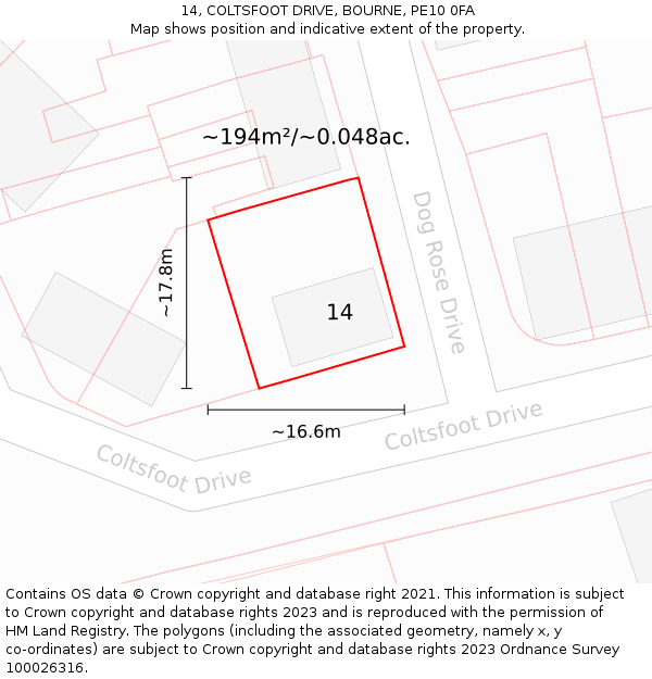 14, COLTSFOOT DRIVE, BOURNE, PE10 0FA: Plot and title map