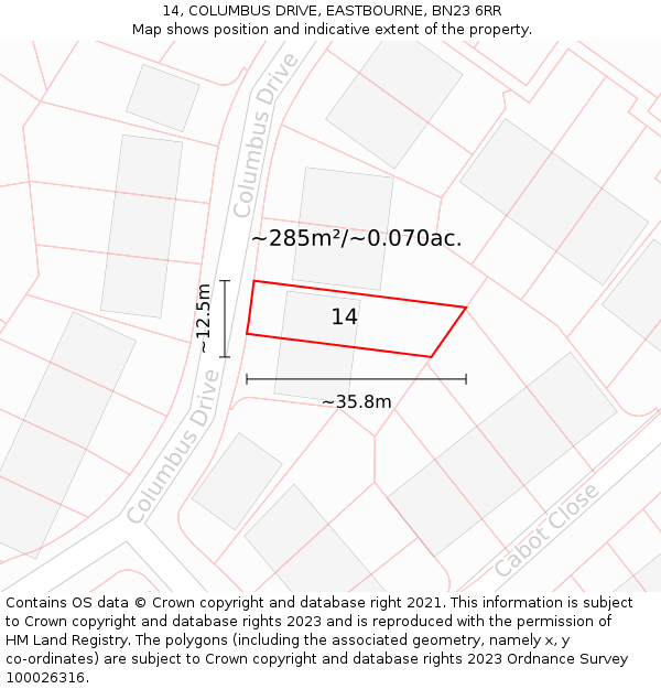 14, COLUMBUS DRIVE, EASTBOURNE, BN23 6RR: Plot and title map