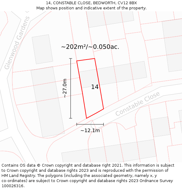 14, CONSTABLE CLOSE, BEDWORTH, CV12 8BX: Plot and title map