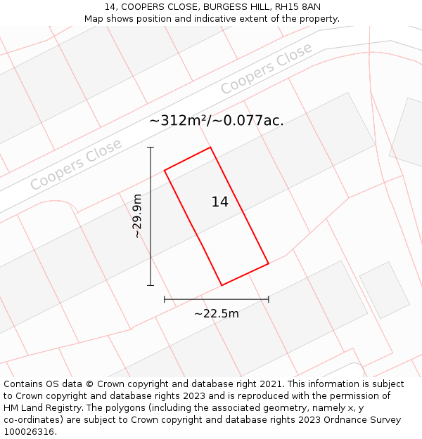 14, COOPERS CLOSE, BURGESS HILL, RH15 8AN: Plot and title map