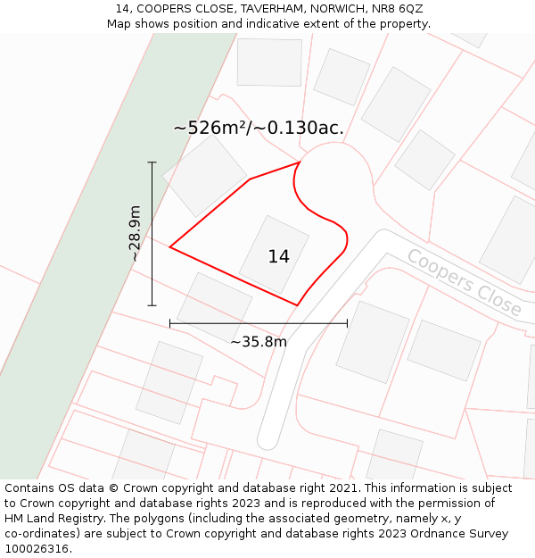 14, COOPERS CLOSE, TAVERHAM, NORWICH, NR8 6QZ: Plot and title map